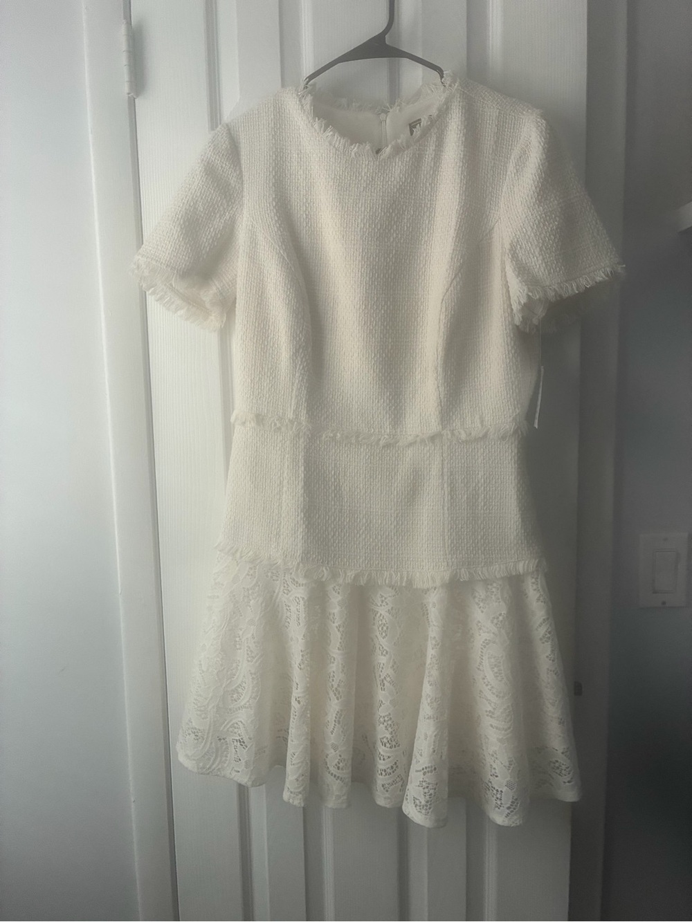Ivory Lace-Hem Midi Dress with Tweed Bodice